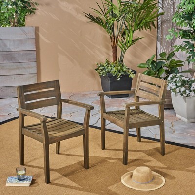 VASIP Outdoor Acacia Dining Chairs, Weathered Wood Chairs, Set of 2, Slatted Seat and One Open Back for Kitchen Patio Backyard Deck
