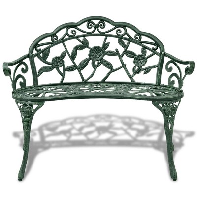 Green Cast Aluminum Garden Bench with Floral Design