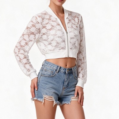 Женские куртки YesFashion Women's Lace Sheer Long Sleeve Zip-Up Cropped Bomber Jacket Trendy Casual Summer Layered Outerwear Lightweight Shirt White XL — фото 3