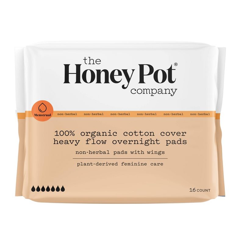 The Honey Pot Company, Non-Herbal Overnight Heavy Flow Pads, Organic Cotton Cover - 16ct, 1 of 13
