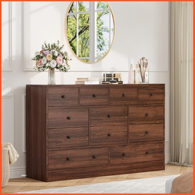 Homhougo Dresser for Bedroom,12 Drawer Dressers & Chests of Drawers, Wood Storage Drawer Dresser with Power Outlet, 61 Inch Brown