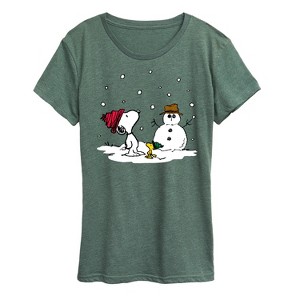 Women's - Peanuts - Snoopy Woodstock Snowman Short Sleeve Graphic T-Shirt - 1 of 4