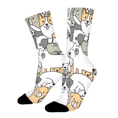 Cartoon Dogs Doodle Women Printed Crew Socks Funny Funky Socks Soft Polyester Novelty Gifts for Artists Men