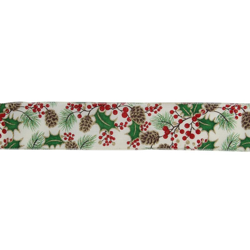 Northlight Glitter White and Green Holly Berries Christmas Wired Craft Ribbon 2.5" x 16 Yards, 1 of 4