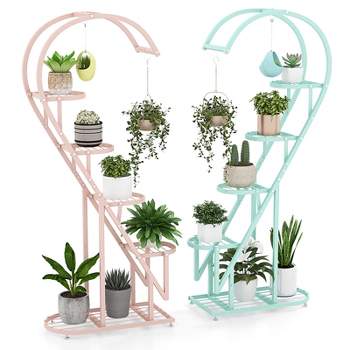 Tangkula 5-Tier Metal Plant Stand, Heart-shaped Plant Shelf Tiered Plant Stand with 4 Hanging Hooks, Wide Slatted Platform Black/Pink & Blue/White