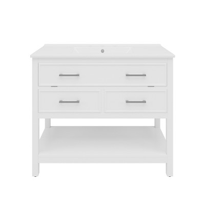 Vynxaria 36" Bathroom Vanities White Vanity with Ceramic Basin, Tip-Out Tray & Two Drawers 34"H