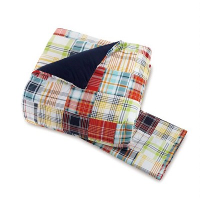 Bryce Twin Blue Cotton Plaid Comforter Set with Pillows