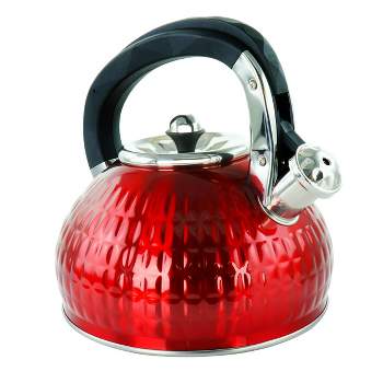 Primula Stewart Whistling Stovetop Tea Kettle Food Grade Stainless Steel,  Hot Water Fast to Boil, Cool Touch Folding, 1.5-Quart, Brushed with Black
