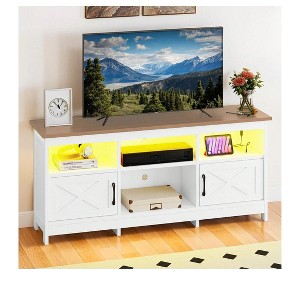 Farmhouse TV Stand for 65 Inch TVs, LED Entertainment Center with Cabinets, Power Outlet, Media Console for Living Room,White & Walnut - 1 of 4