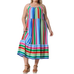 Agnes Orinda Women's Plus Size Adjustable Straps Striped Midi Summer Cami Sundress - 1 of 4
