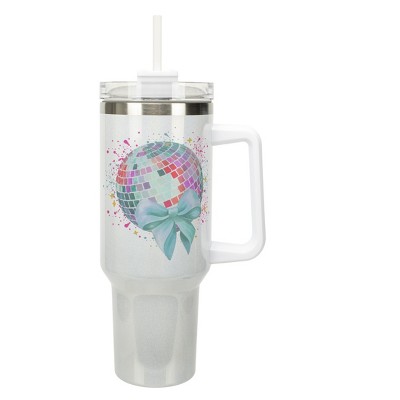 Elanze Designs Retro Disco Ball & Bow Paint Splatter Coquette 40 Oz. Stainless Steel Water Bottle Coffee Mug, Spill & Leak Resistant, Travel Tumbler