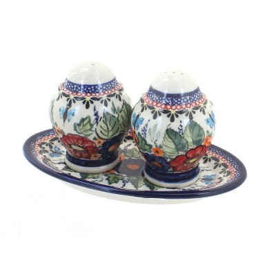 Blue Rose Polish Pottery Floral Butterfly Salt & Pepper Shakers with Dish