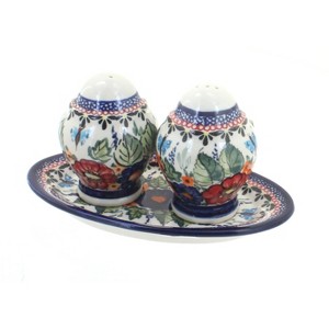 Blue Rose Polish Pottery 1282 Zaklady Salt & Pepper Shakers with Plate - 1 of 1