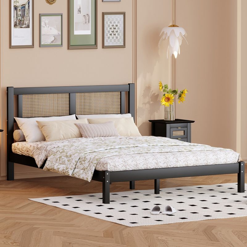 Queen/Full Size Wooden Platform Bed with Natural Rattan Headboard 4A -ModernLuxe, 1 of 9