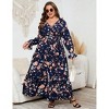 Plus Size Women's V Neck Long Sleeve Maxi Dress with Belt Flowy Elegant Floor Length Dress - 3 of 4