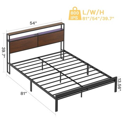 Queen Black Metal Platform Bed with Storage Headboard and MDF Panels