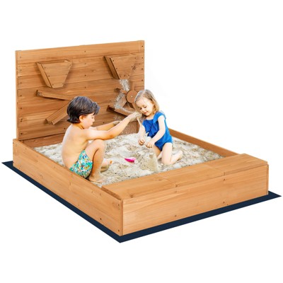 Safstar Wooden Sandbox w/ Sand Wall & Cover & Bottom Liner for Kids Outdoor