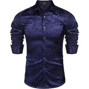 COOFANDY Men's Silk Satin Jacquard Long Sleeve Floral Button Up Shirts - 1 of 4