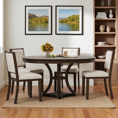 5-Piece Extendable Round Dining Table Set with 4 Upholstered Chairs, Solid Wood Kitchen Table Set for 4–6, Rubber Wood Frame for Dining Room