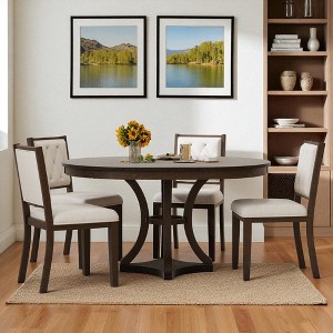 5-Piece Extendable Round Dining Table Set with 4 Upholstered Chairs, Solid Wood Kitchen Table Set for 4–6, Rubber Wood Frame for Dining Room - 1 of 4