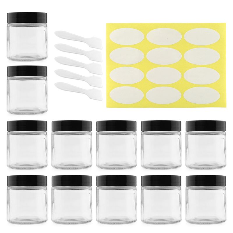 Cornucopia Brands 4oz Clear Glass Jars, 12pk; for Cosmetics and Food Storage w/ Spatulas and Labels, 1 of 8