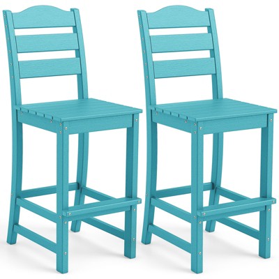 Tangkula Set of 2 Patio HDPE Barstool Outdoor High Top Bar Chair w/Backrest & Footrest All-Weather Wood-Plastic Bar Height Chair Turquoise