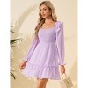 Women's Smocked Square Neck Short Dress Ruffle Long Puff Sleeve Casual Mini Dress Wedding Guest Dresses for Women - 3 of 4