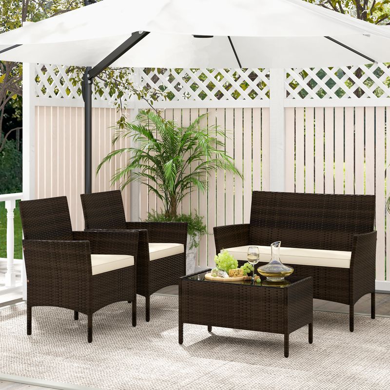 Tangkula 4 Piece Patio Rattan Conversation Set Outdoor Wicker Furniture Set w/ Chair Loveseat & Tempered Glass Table Beige/Black/Gray/Navy/Turquoise, 3 of 11