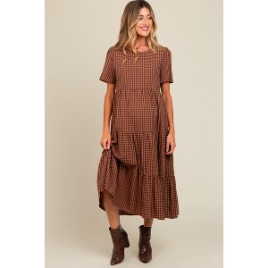 Pinkblush Mocha Gingham Tiered Maternity Midi Dress - 1 of 4