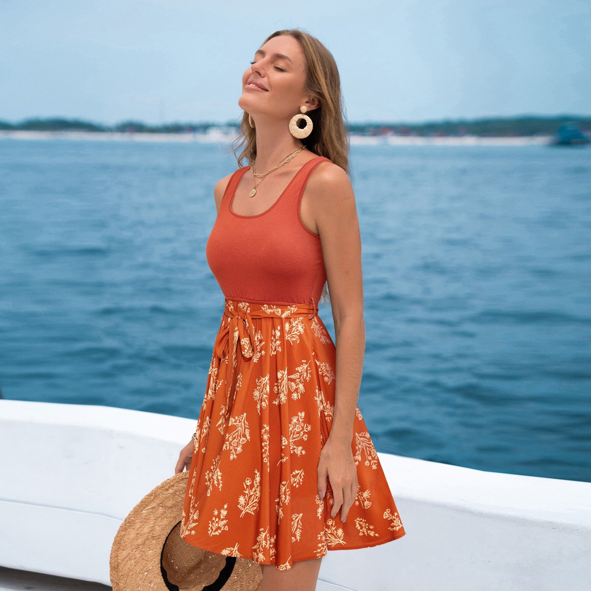 Женские платья Cupshe Women's Rust Orange Floral Print Tank Dress with Tie Waist - Cupshe-XL-Orange — фото 4