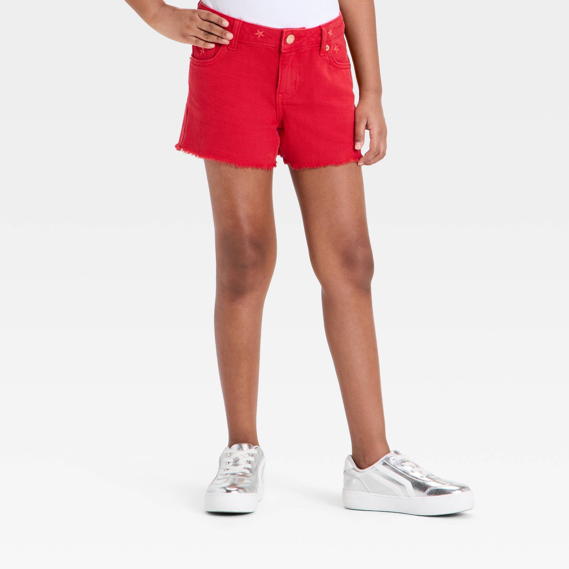 Girls' Mid-Rise Embroidered Star Cutoff Jean Shorts - Cat & Jack™ Red
