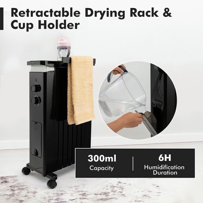 Black 1500W Oil Filled Radiator Heater with Thermostat and Humidifier
