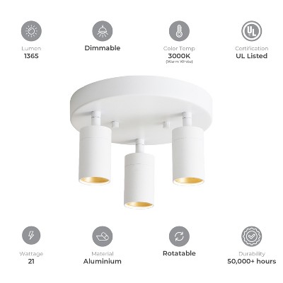Shura White Aluminum 3-Head LED Flush Mount Light