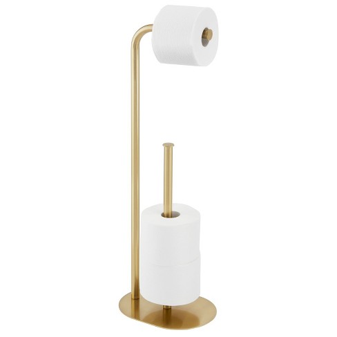 mDesign Metal Free Standing Toilet Paper Holder Stand and Dispenser, with  Storage for 3 Spare Rolls - for Bathrooms/Powder Rooms - Holds Mega Rolls -  Soft Brass