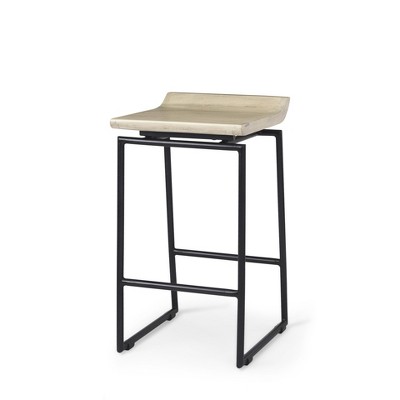 HomeRoots 25" Natural and Black Solid Wood and Metal Low Back Counter Height Bar Chair