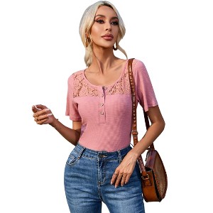 Womens Knit Tops Short Sleeve Ribbed Knit Tops with Lace Neckline Elegant Front Button Sweater,Pink - 2XL - 1 of 4