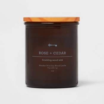 Amber Glass Rose + Cedar Lidded Wood Wick Jar Candle 9oz - Threshold™