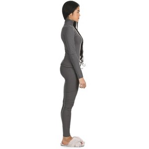 Memoi Women's Luxe Ribbed Long Sleeve Top and Pants Set Black XS - 1 of 4