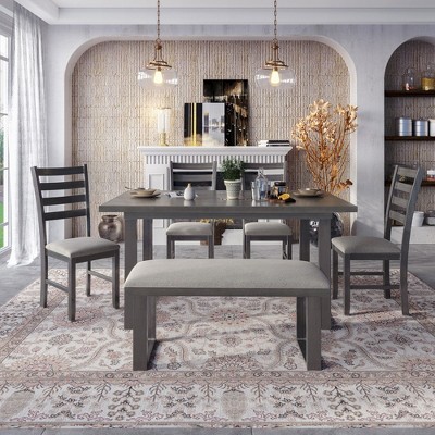 6-Piece Dining Table Set Includes 1 Table 4 Upholstered Chairs & Bench Dining Room Table Set For Living Guest Room Home Bar Kitchen, Grey