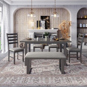 6-Piece Dining Table Set Includes 1 Table 4 Upholstered Chairs & Bench Dining Room Table Set For Living Guest Room Home Bar Kitchen, Grey - 1 of 4