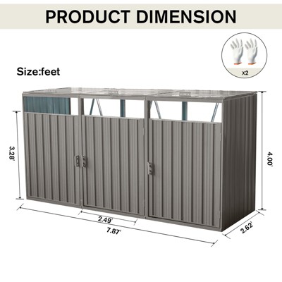 VYNXARIA Garbage Bin Shed Stores 3 Trash Cans Metal Outdoor Bin Shed for Garbage Storage, Bin Shed for Garden Yard Lawn,Grey