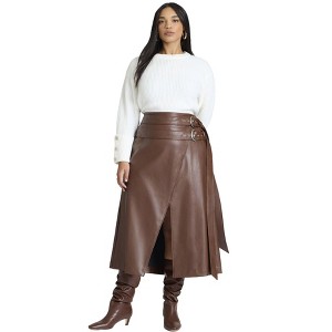 ELOQUII Women's Plus Size Double Belt Wrap Faux Leather Skirt - 1 of 4