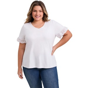 GRACE & GRANDEUR Women's Plus Size Eyelet Embroidered Lace Short Sleeve V Neck Dressy Casual Blouses - 1 of 4