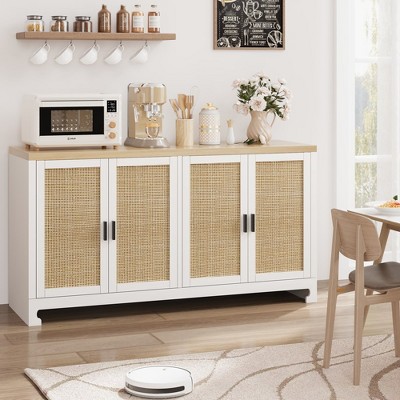Garvee Buffet Cabinet,Rattan Accent Storage Cabinet with 4 Doors and Shelf, Modern Console Coffee Bar Cabinet for Dining Room, Kitchen, Living Room