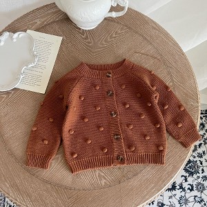 MyKids-USA Baby Solid Color Fur-Ball Patched Design Cardigan - 1 of 4