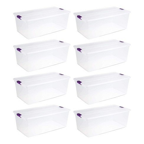  Sterilite 106 Quart Latching Box, Storage Bin with Latching Lid,  Stackable, Organize Blankets & Sports Gear in Garage, Clear with White Lid,  4-Pack