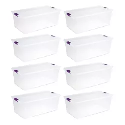 Sterilite 110 Quart Clear Stackable Storage Home Organization Tote Box with Secure Latch Lid and Handles for Seasonal Decor and Equipment, (8 Pack)