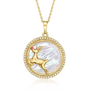 Ross-Simons Mother-Of-Pearl and .60 ct. t.w. White Zircon Reindeer Pendant Necklace With Red Enamel in 18kt Gold Over Sterling Size 18 - 1 of 4