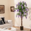 Costway 1/2 PCS 5.5 FT Tall Artificial Ficus Tree Faux Wisteria Plant in Nursery Pot Decoration Pink/Purple - 4 of 4