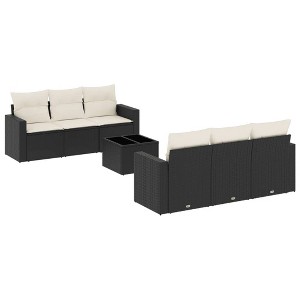 vidaXL 7 Piece Patio Sofa Set with Cushions Black and Cream Poly Rattan - 1 of 4